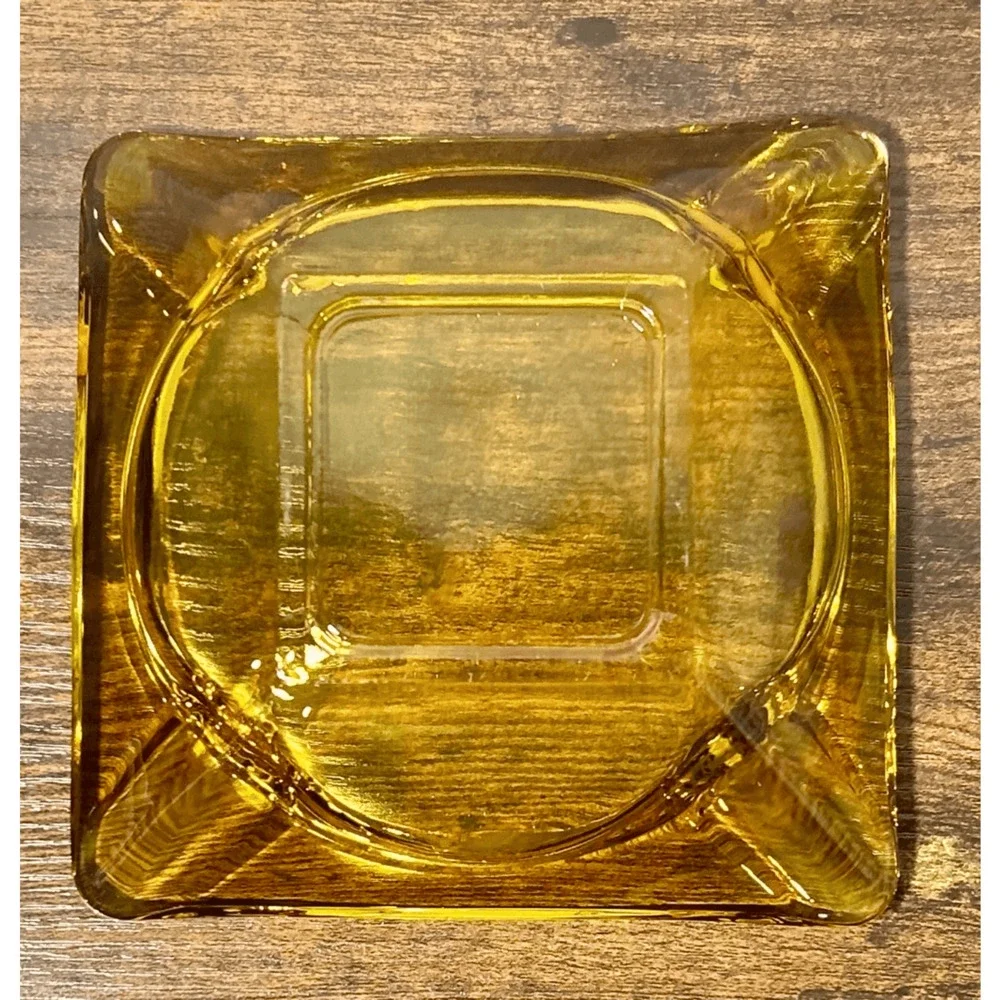 Vintage Mid 20th Century Clear Amber Glass Square Ashtray 6”